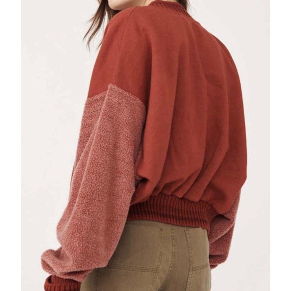Free People Hollaback Bomber Jacket Snap Front Orange Spiced Brandy Sherpa Large - Picture 3 of 16